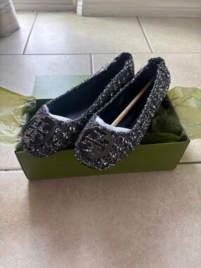 Tory Burch Black Tweed Logo Ballet Flats
